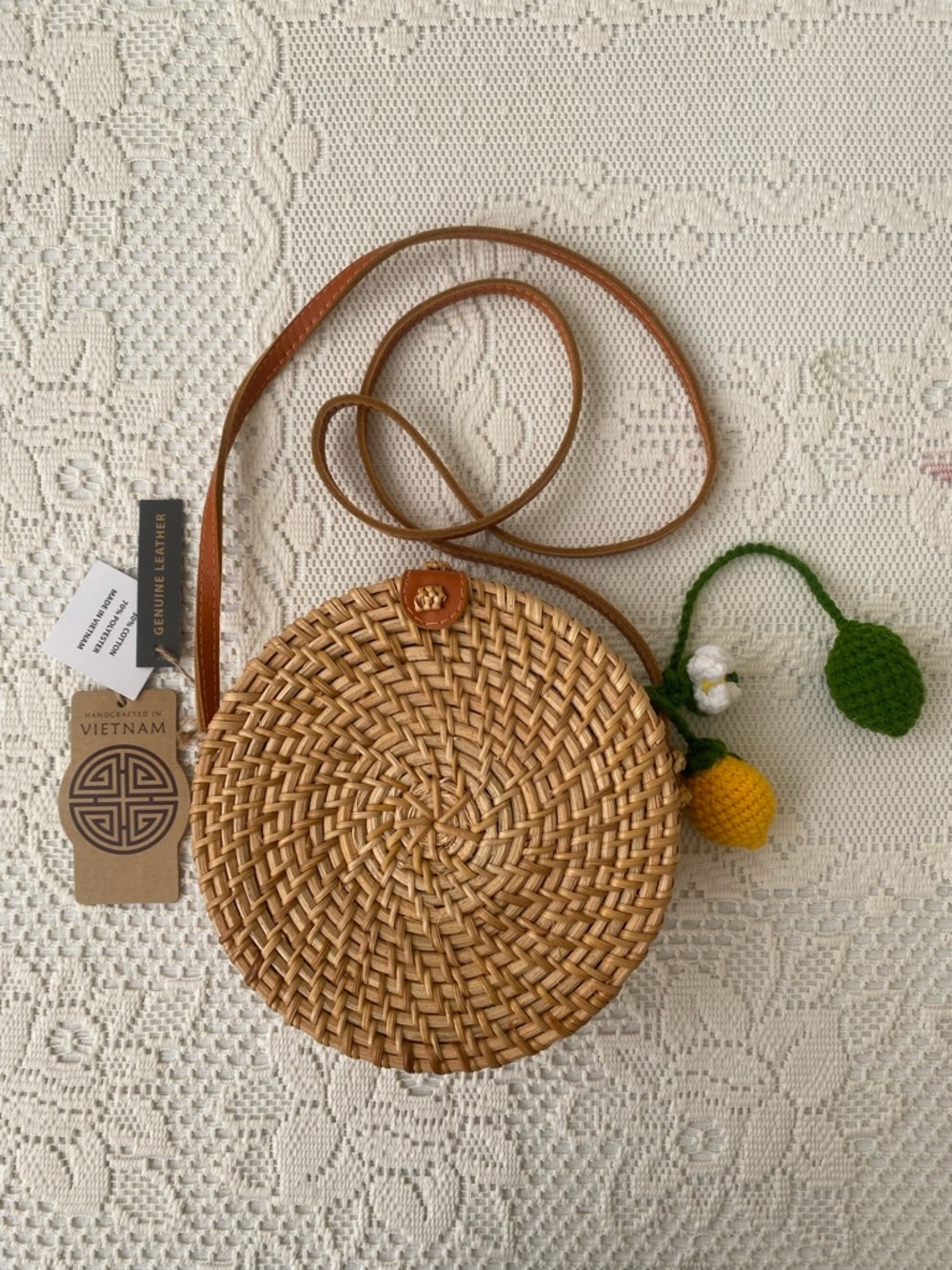 Handcrafted in Vietnam Woven Rattan Genuine Leather Basket Round Bag